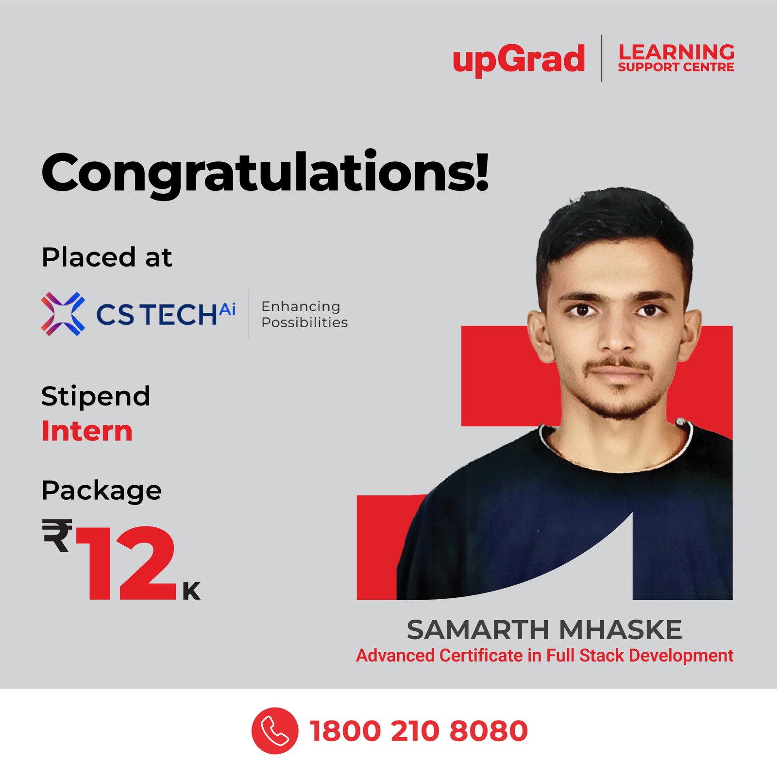 Samarth Mhaske placed at CS TECHAi as an Intern with a stipend of 12K